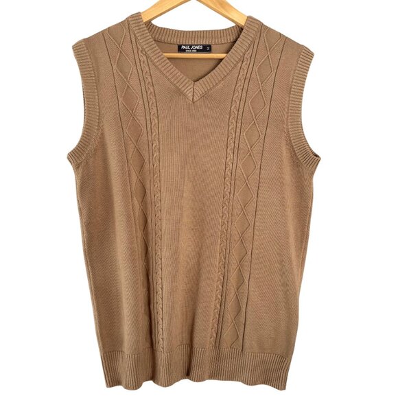Paul Jones Mens Sleeveless Sweater Vest Size Medium Tan V Neck Argyle Cable Knit - Picture 1 of 7